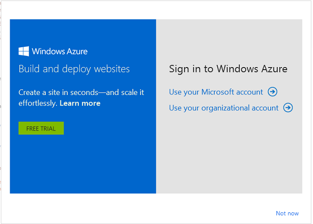 Microsoft Windows Azure 登录对话框的屏幕截图,其中显示了 Microsoft 帐户和组织帐户登录。