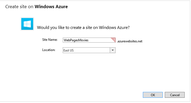 “在 Windows Azure 上创建站点”窗口的屏幕截图,其中显示默认名称不可用,如红色感叹号所示。