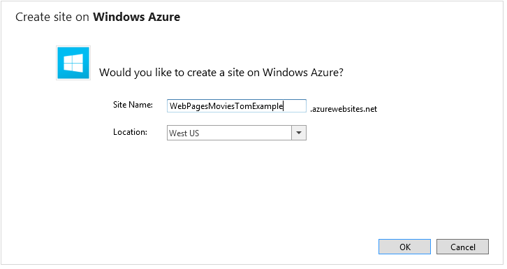 “在 Windows Azure 上创建站点”窗口的屏幕截图,其中显示了“站点名称”字段中已更改的站点名称。