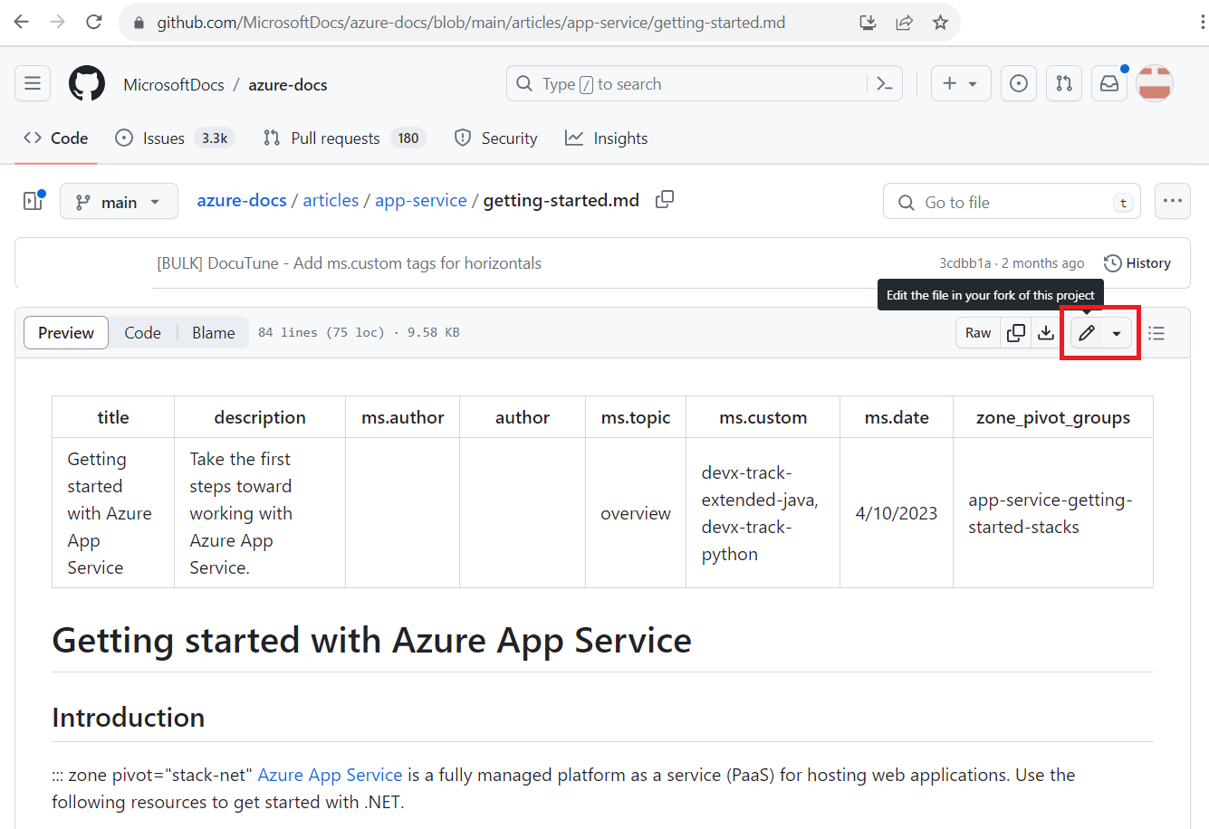 GitHub 中 Azure 文章的屏幕截图,其中显示了**编辑**铅笔图标。