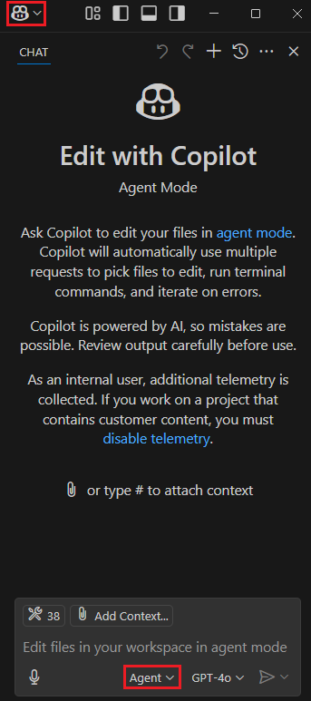Screenshot that shows the GitHub Copilot chat pane.