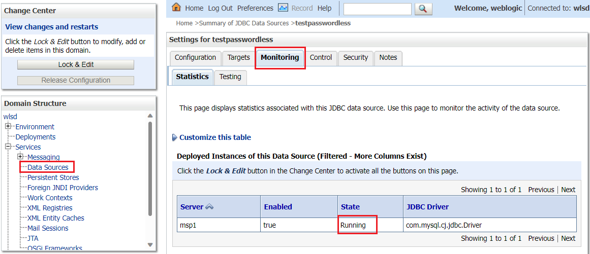 Screenshot of the WebLogic Console portal showing the MySQL datasource state.