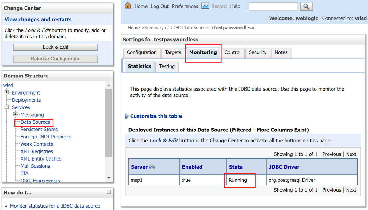 Screenshot of the WebLogic Console portal showing the PostgreSQL datasource state.