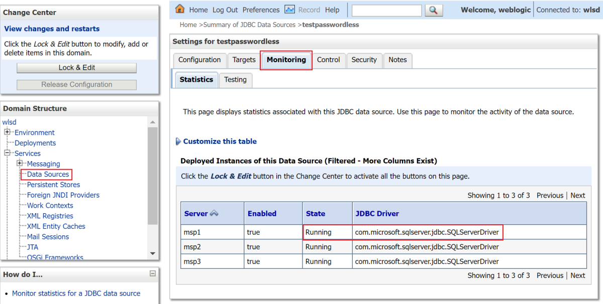 Screenshot of the WebLogic Console portal showing the SQL Server datasource state.