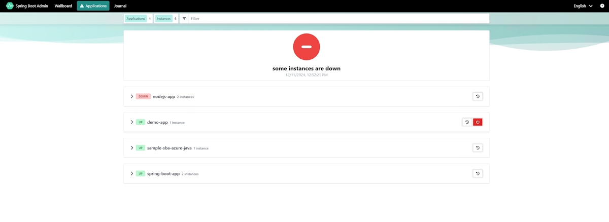 Screenshot of the Spring Boot Admin dashboard.
