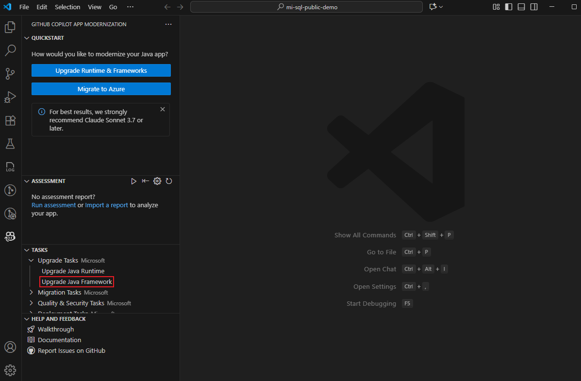 Screenshot of Visual Studio Code that shows the GitHub Copilot app modernization pane with the Upgrade Java Framework task highlighted.