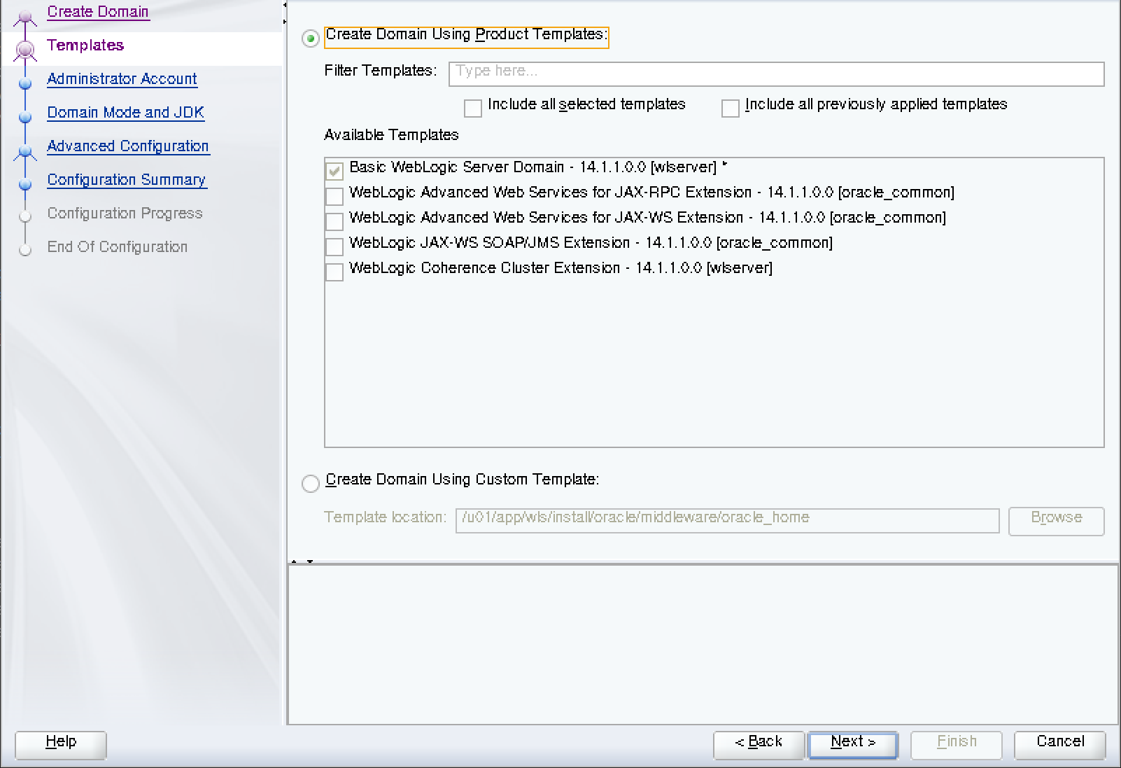Screenshot of Oracle Configuration Wizard - Templates.