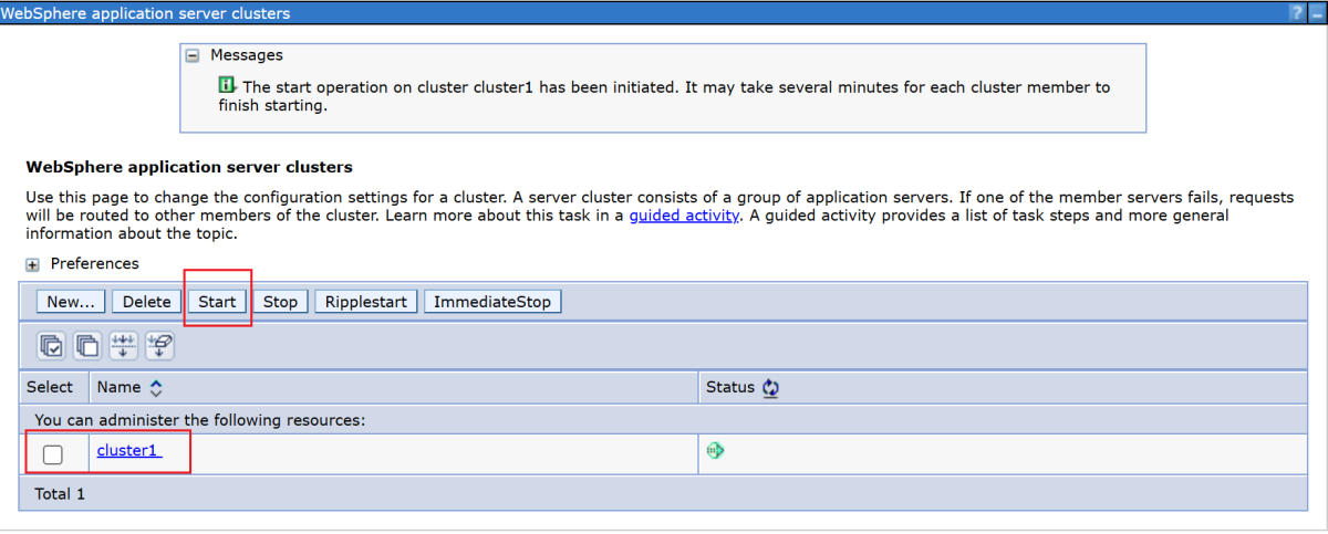 Screenshot of selections to start a newly created cluster in the IBM Console.