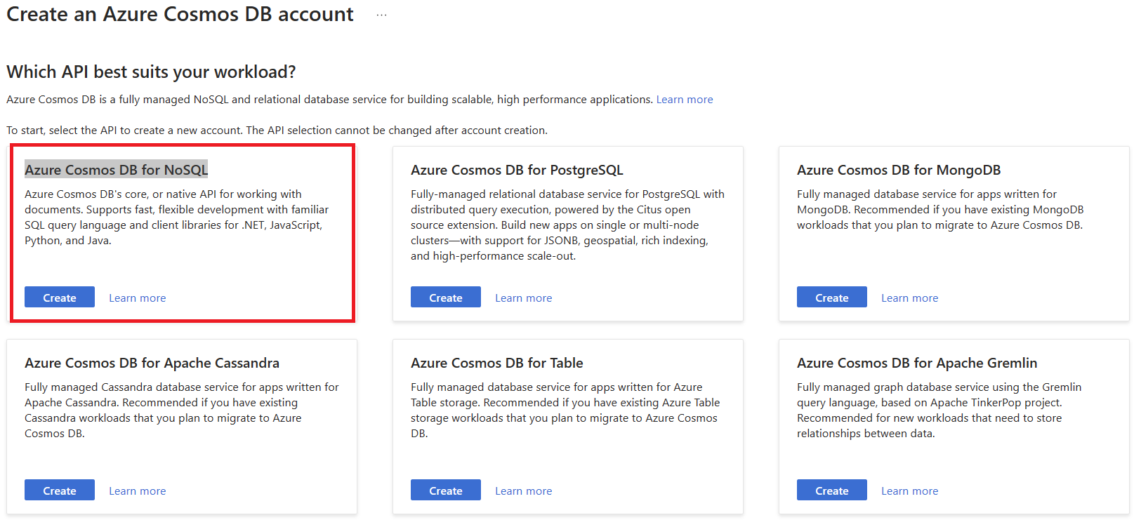 Screenshot of the Azure portal that shows the Create an Azure Cosmos DB account page with Azure Cosmos DB for NoSQL option highlighted.
