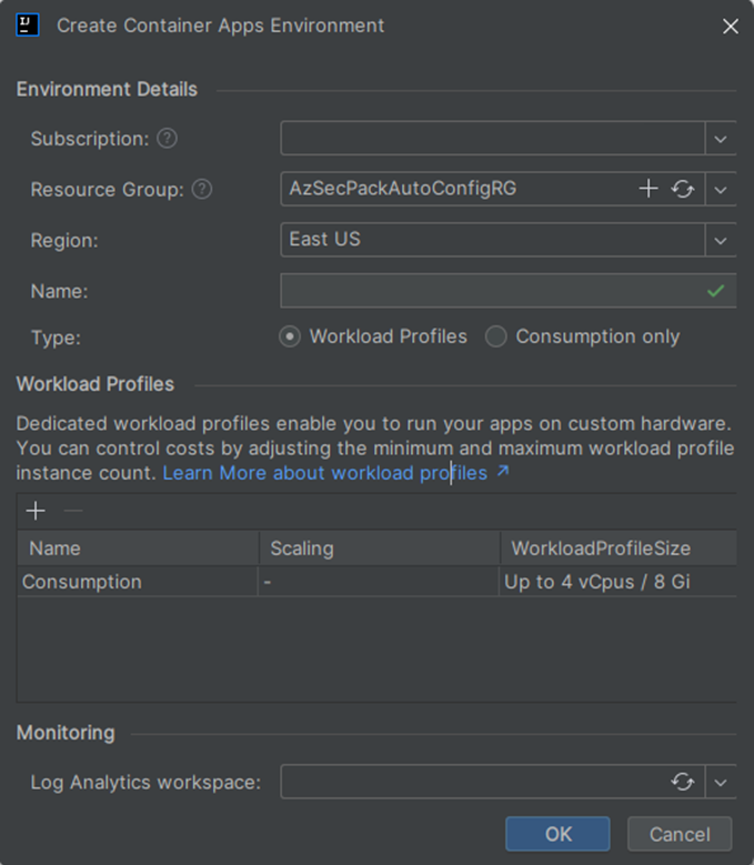 Screenshot of Intelli J that shows the Create Container Apps Environment dialog box.
