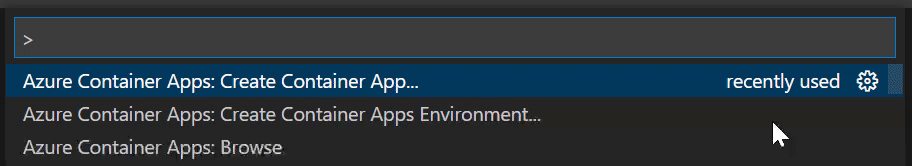 Animated screenshot that shows selections for creating an Azure container app in an environment in Visual Studio Code.