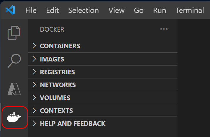 A screenshot that shows how to open the Docker extension in Visual Studio Code.