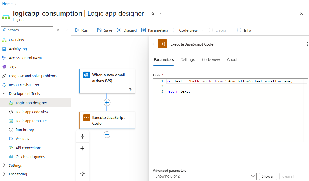 Screenshot showing example Consumption workflow with the Execute JavaScript Code action.