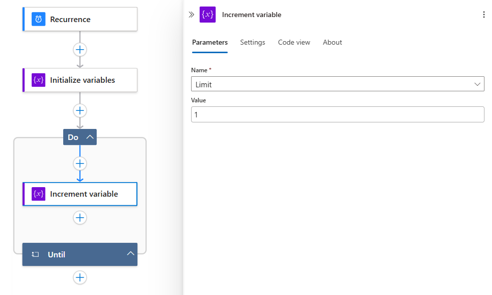 Screenshot shows a workflow and built-in action named Until with Limit set to Limit variable and Value set to 1.