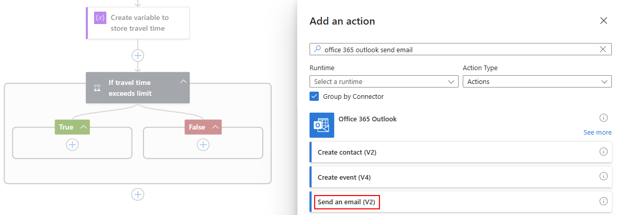 Screenshot shows Office 365 Outlook action selected named Send email.