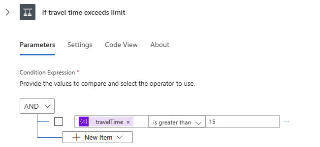 Screenshot shows finished condition for comparing the travel time to the specified limit.