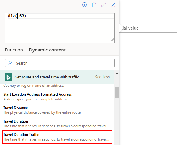 Screenshot shows the value selected for output named Travel Duration Traffic.