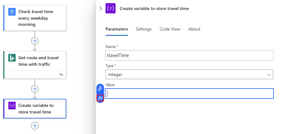 Screenshot shows the action named Initialize variable with cursor inside the Value property.