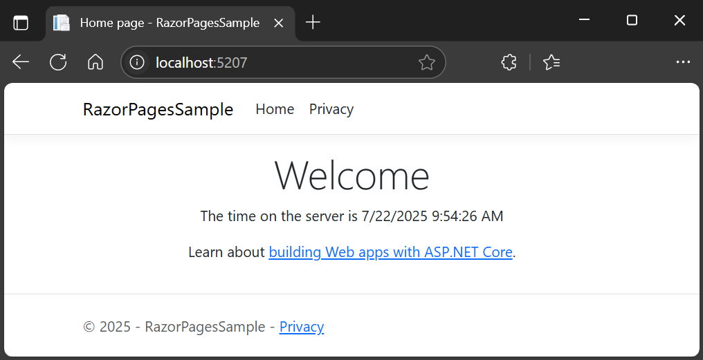 Web app home page showing the change that was made.
