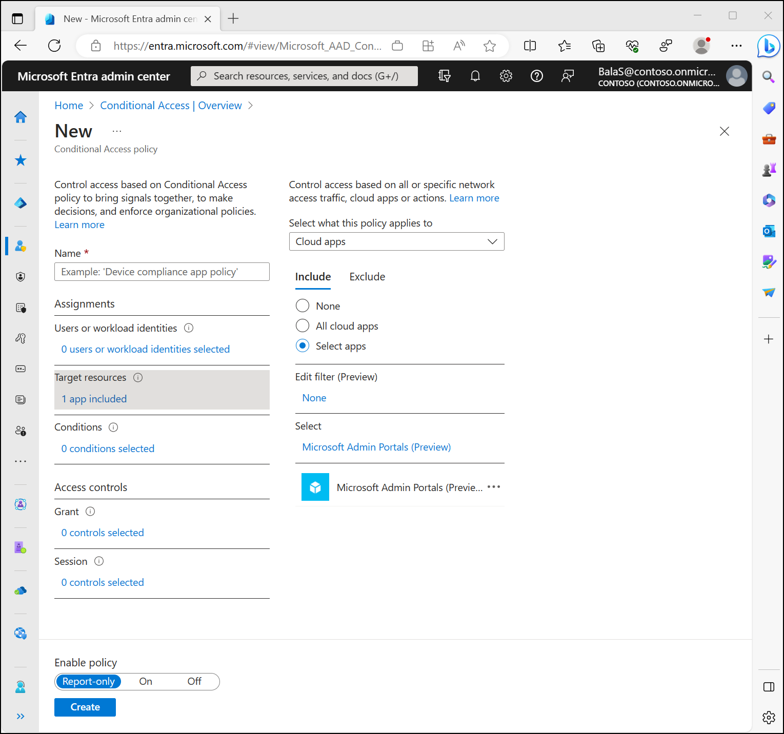 Screenshot of a Conditional Access policy and the target resources panel.