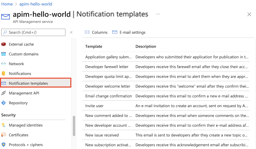 Screenshot of notification templates in the portal.