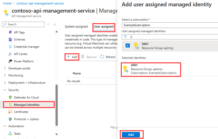 Screenshot that shows how to enable a user-assigned managed identity.