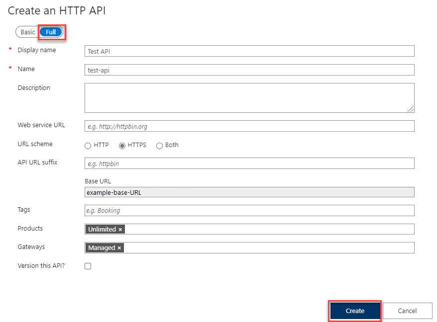 Screenshot that shows the Create an HTTP API window.