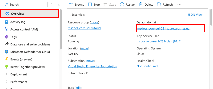 A screenshot showing how to launch an App Service from the Azure portal.
