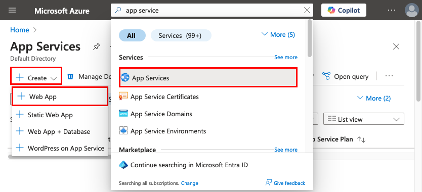A screenshot showing how to use the search box in the top tool bar to find the Web App creation wizard.