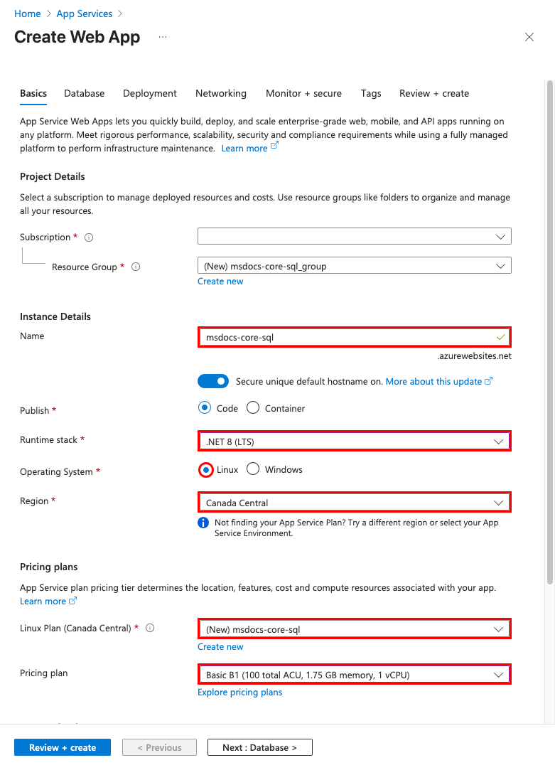 A screenshot showing how to configure a new app and database in the Web App wizard.