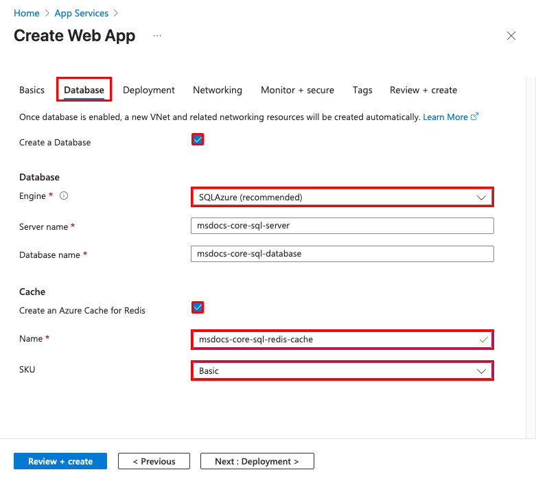 A screenshot showing database configuration in the Web App wizard.