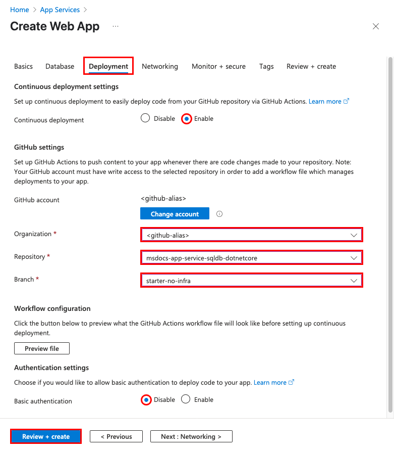 A screenshot showing deployment configuration in the Web App wizard.