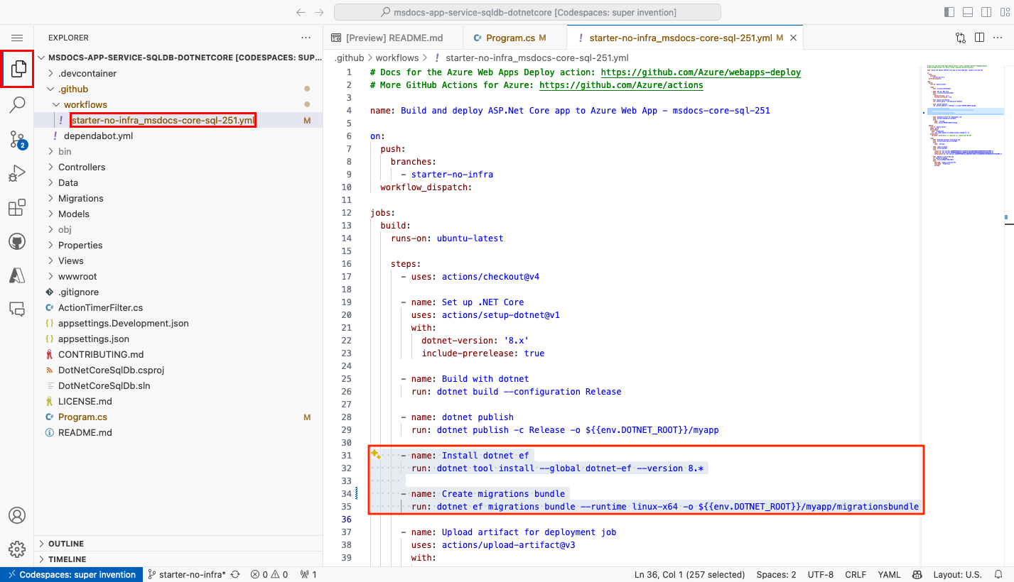 A screenshot showing steps added to the GitHub workflow file for database migration bundle.