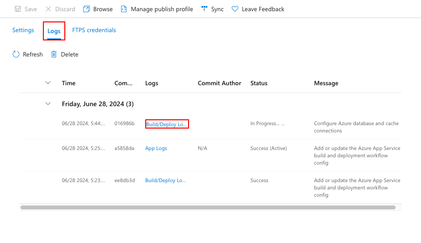 A screenshot showing how to open deployment logs in the deployment center.