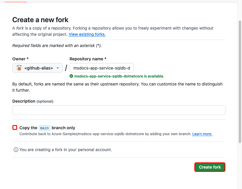A screenshot showing how to create a fork of the sample GitHub repository.