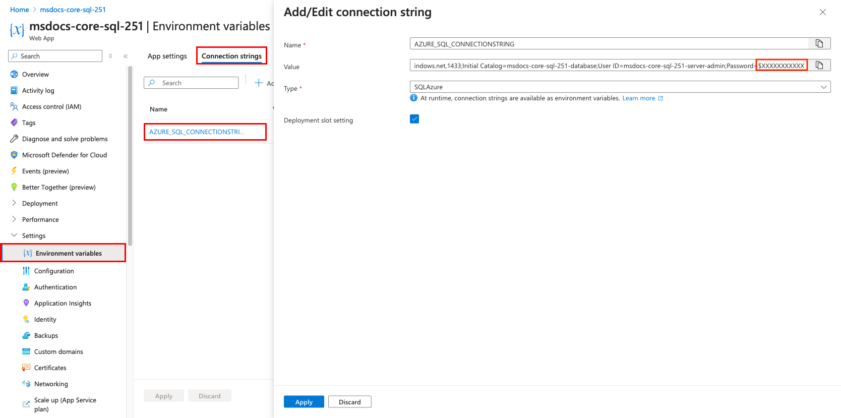 A screenshot showing how to see the value of an app setting.