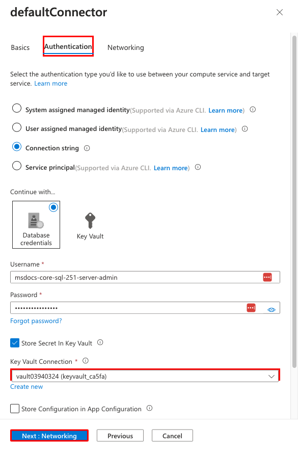 A screenshot showing the key vault connection selected in the SQL Database service connector.