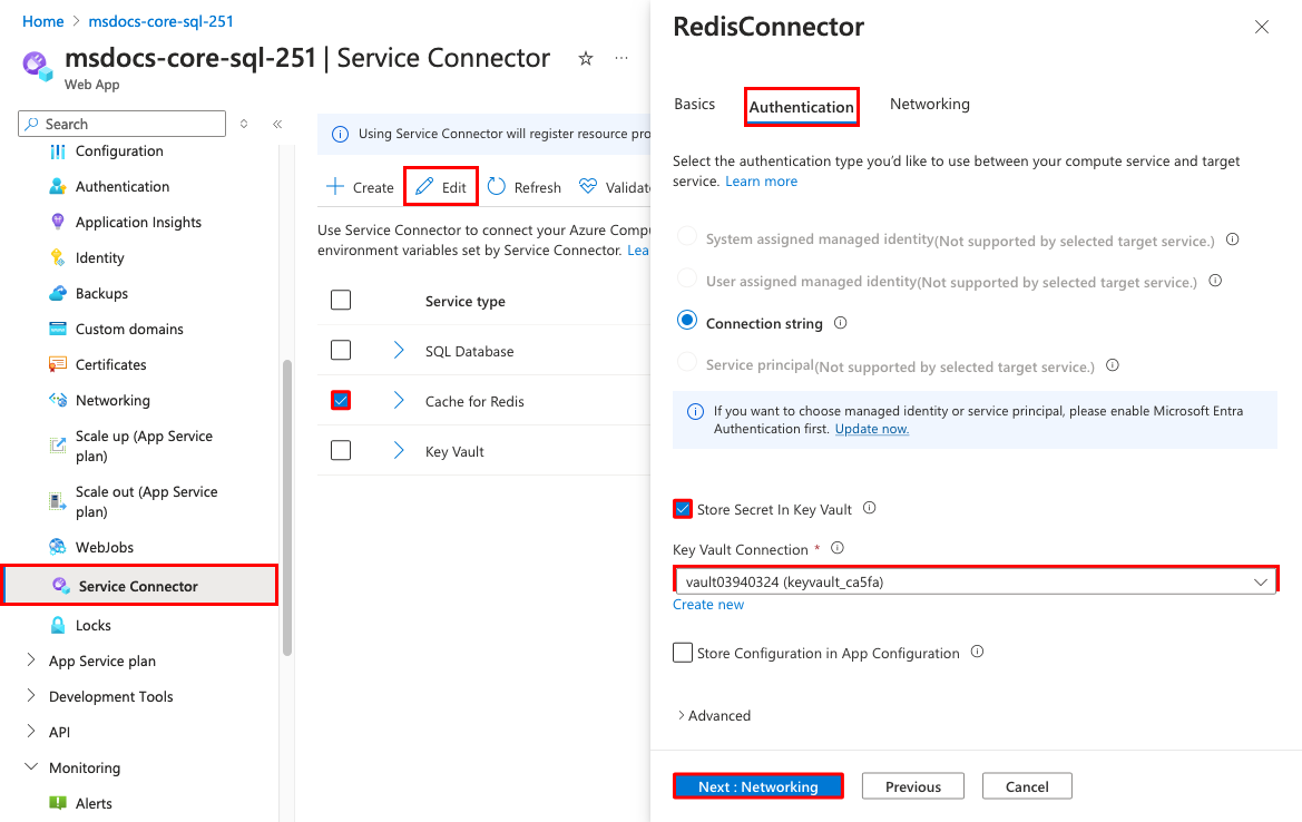 A screenshot showing how to edit the Cache for Redis service connector with a key vault connection.