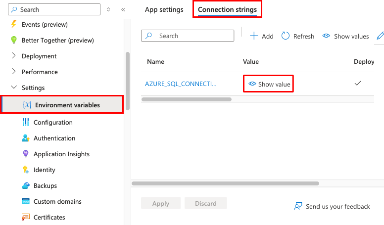 A screenshot showing how to see the value of the .NET connection string in Azure.