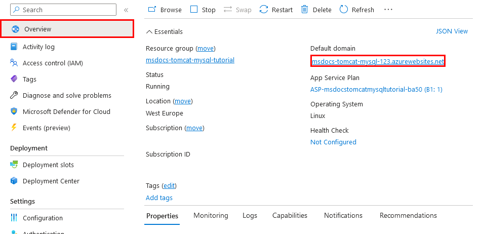 A screenshot showing how to launch an App Service from the Azure portal.