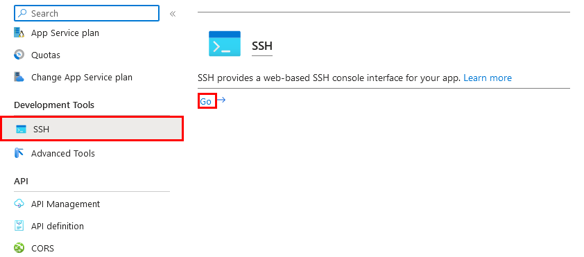 A screenshot showing how to open the SSH shell for your app from the Azure portal.