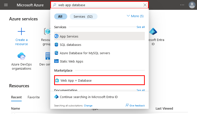 A screenshot showing how to use the search box in the top tool bar to find the Web App + Database creation wizard.