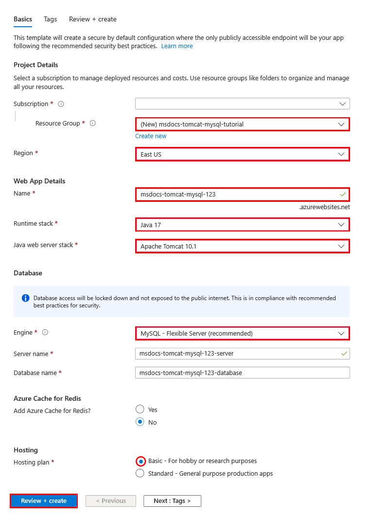 A screenshot showing how to configure a new app and database in the Web App + Database wizard.