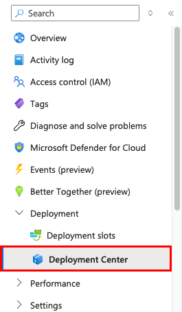 A screenshot showing how to open the deployment center in App Service.