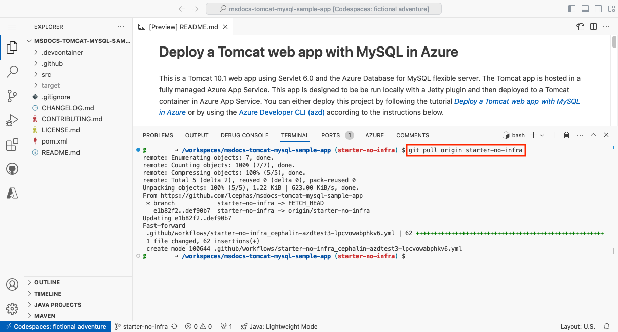A screenshot showing git pull inside a GitHub codespace.