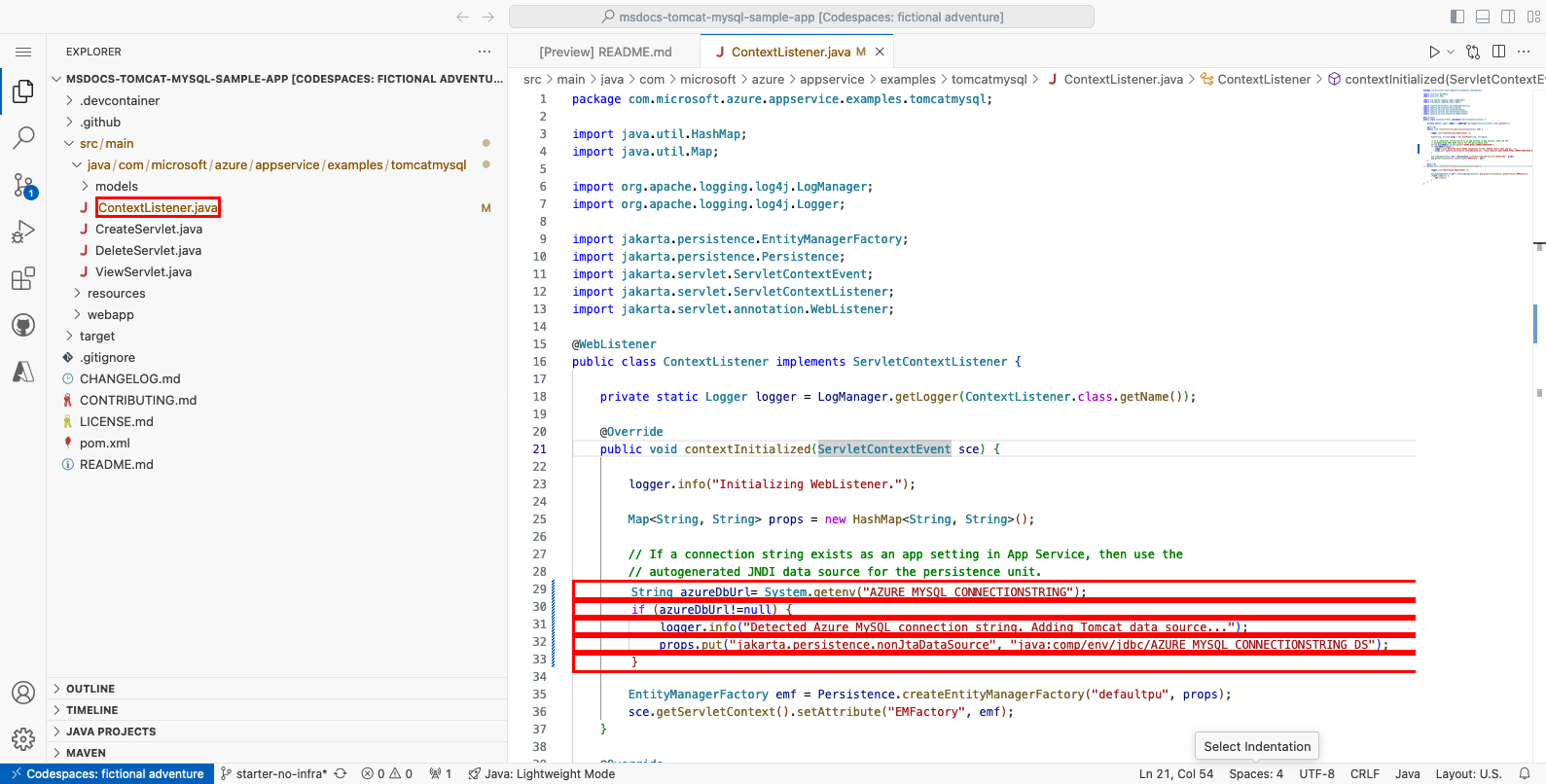 A screenshot showing a GitHub codespace and the ContextListener.java file opened.