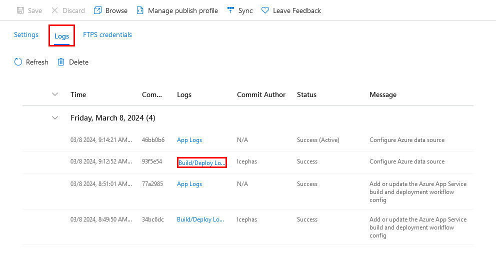 A screenshot showing how to open deployment logs in the deployment center.