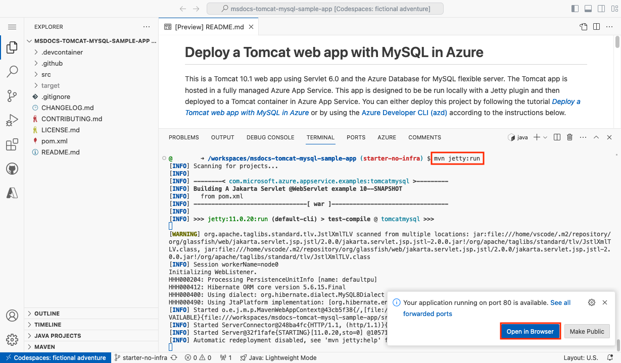 A screenshot showing how to run the sample application inside the GitHub codespace.