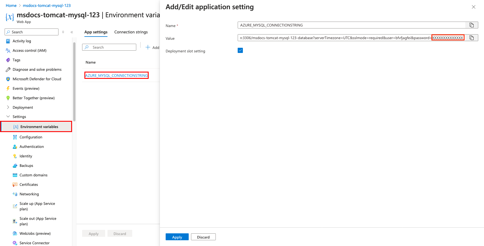 A screenshot showing how to see the value of an app setting.