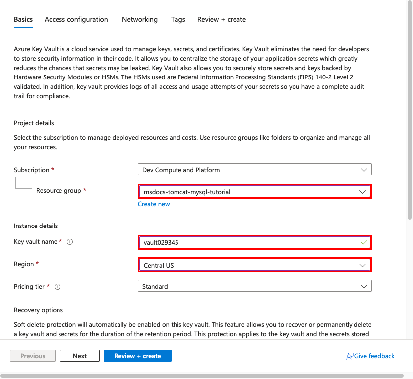 A screenshot showing how to create a key vault.